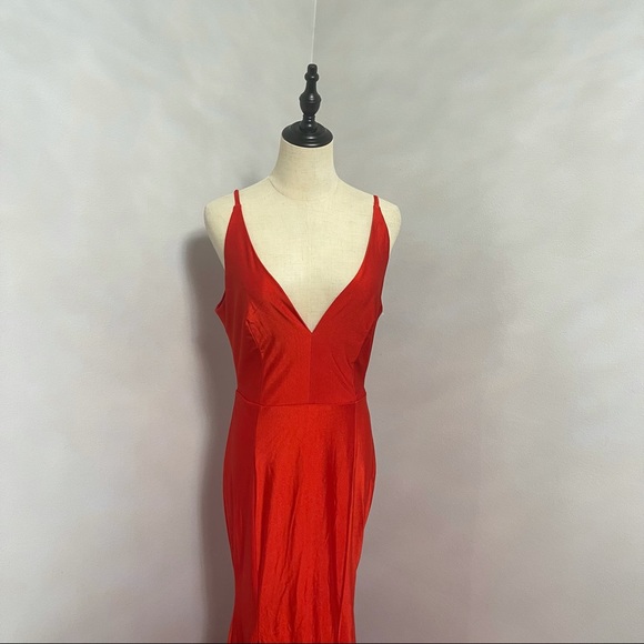 # Windsor Bright Red V Neck / V Back Stretchable Long Dress - Picture 5 of 15